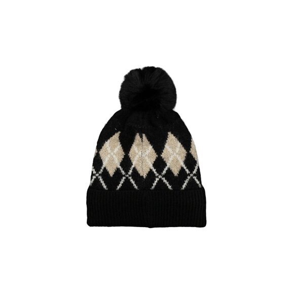 Wool Blend Argyle Fleece Pom Pom Beanie | Cozy Winter Hat NWT - OS - Picture 3 of 7